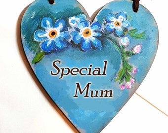 Hand painted personalised heart shapes gift for mum,special quotes mum  Hanging wood Heart, Wall Hanging, Floral Art, Gift for a Lady