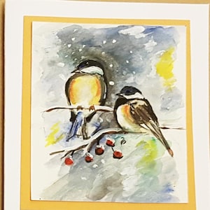 Carte de Noël oiseaux peints à la main Mésanges voeux d'hiver, festif, saison des fêtes, Noël fait main, peint à la main personnalisé
