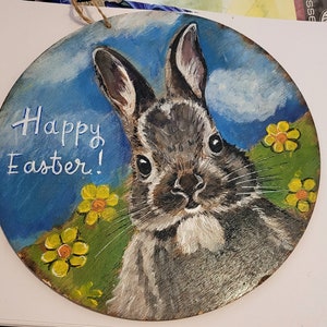 Paashaas deurbordje handgeschilderd origineel. Paasbord voor paasdecor tuin aquarel. konijntje schattig