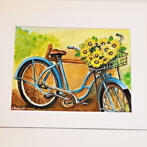 Peinture de bicyclette Art de panier de bicyclette Fleurs jaunes Art mural, peinture à l&#39;aquarelle, oeuvre d&#39;art originale par Herminart