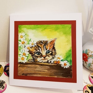 Tarjeta de felicitación de gato dormido. Tarjetas de primavera. Tarjeta original hecha a mano. Tarjeta de Pascua. Retrato de gato en acuarela de jardín. Impresión original y adorable.