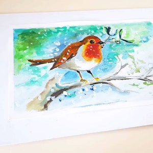 Robin com visco cartão de Natal cartão de inverno pintado à mão, cartão festivo, cartão de férias, natal artesanal, cartão pintado à mão