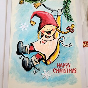 Cartão de Natal pintado à mão, menina feliz e brilhante, festivo, feriado, natal personalizado, feito à mão, cartão pintado à mão, menina fofa