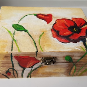 Hand Painted Wooden Box ,Poppy Flower Jewelry Box, Keepsake Box, Floral Decorative Box, Poppy Art Gift