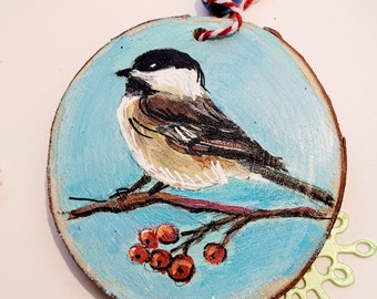 Winter birds painted on wooden slices Christmas tree decorations,Eco-friendly rustic Christmas Ornaments, Natural wood baubles