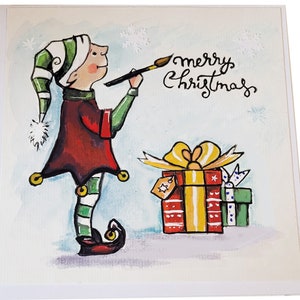 Cartão de Natal pintado à mão elfo, festivo, feriado personalizado feito à mão natal, cartão pintado à mão, elfo atrevido