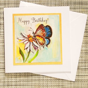 Cartão de feliz aniversário com flor e borboleta para qualquer idade - cartão de aniversário feito à mão, original, impressão pintada à mão, edição limitada