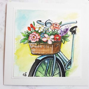 Wenskaart bloem Handgeschilderde originele wenskaart - fietsmand bloemen Gepersonaliseerde wenskaart - handgeschilderd