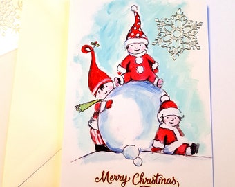 Hand Painted Christmas card christmas card, festive seson , holiday children, handmade christmas, hand painted personalised, cute