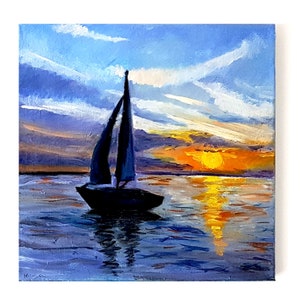 Origineel zeegezicht olieverfschilderij, zonsondergang bootkunst, woondecoratie