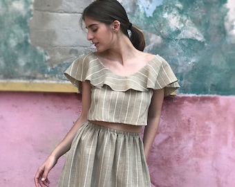 Linen Top, Summer Top, Linen Crop Top, Linen Clothing, Khaki Top, Flare Top, Open Back Top, Striped Top, Linen Wear, Ruffle Top, Women Top