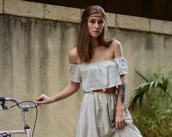 Striped Top, Linen Crop Top, Women Crop Top, Embroidered Top, Off Shoulder Top, Linen Summer Crop Top, Boho Linen Top, Beige Crop Top