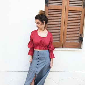 Red Top, Puff Sleeve Top, Cotton Top, Edwardian Top, Peasant Top, Retro Top, Summer Top, Long Sleeve Top, Red Crop Top, Women Crop Top image 2