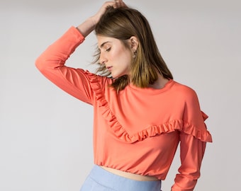 Pink Ruffle Blouse, Round Neck Crop Top, Elegant Jersey Top, Long Sleeve Boho Blouse, Pullover Pink Sweater