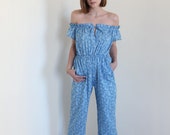 Blue Floral Print Jumpsuit, Lightweight Denim Jumpsuit, Boho Off Shoulder Long Jumpsuit