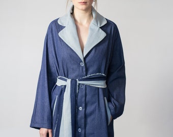 Two-Tone Blue Trench Coat, Button Down Denim Coat, Women Blue Winter Coat
