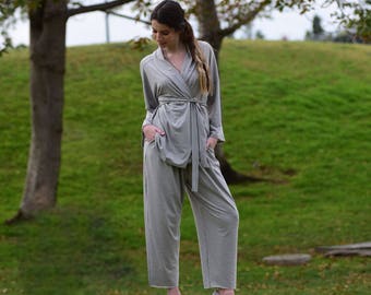 Gray Women Fall Pants Suit, Jersey Boho Pajama Suit, Kimono & Pants, Casual Women Suit, Two Piece Outfit