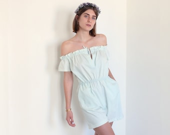 Summer Light Blue Short Jumpsuit, Boho Off Shoulder Resort Jumpsuit, Overall With Pockets, Denim Designer Women Playsuit