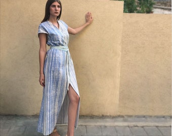 Dress For Women, Wrap Dress, Striped Dress, Summer Maxi Dress, Printed Dress, Boho Dress, Light Blue Dress, Cotton Dress, Beach Dress