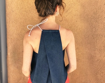 Denim Top, Blue Top, Women Top, Geometric Top, Sleeveless Top, Extravagant Top, Summer Top, Origami Top, Japanese Clothing, Linen Top