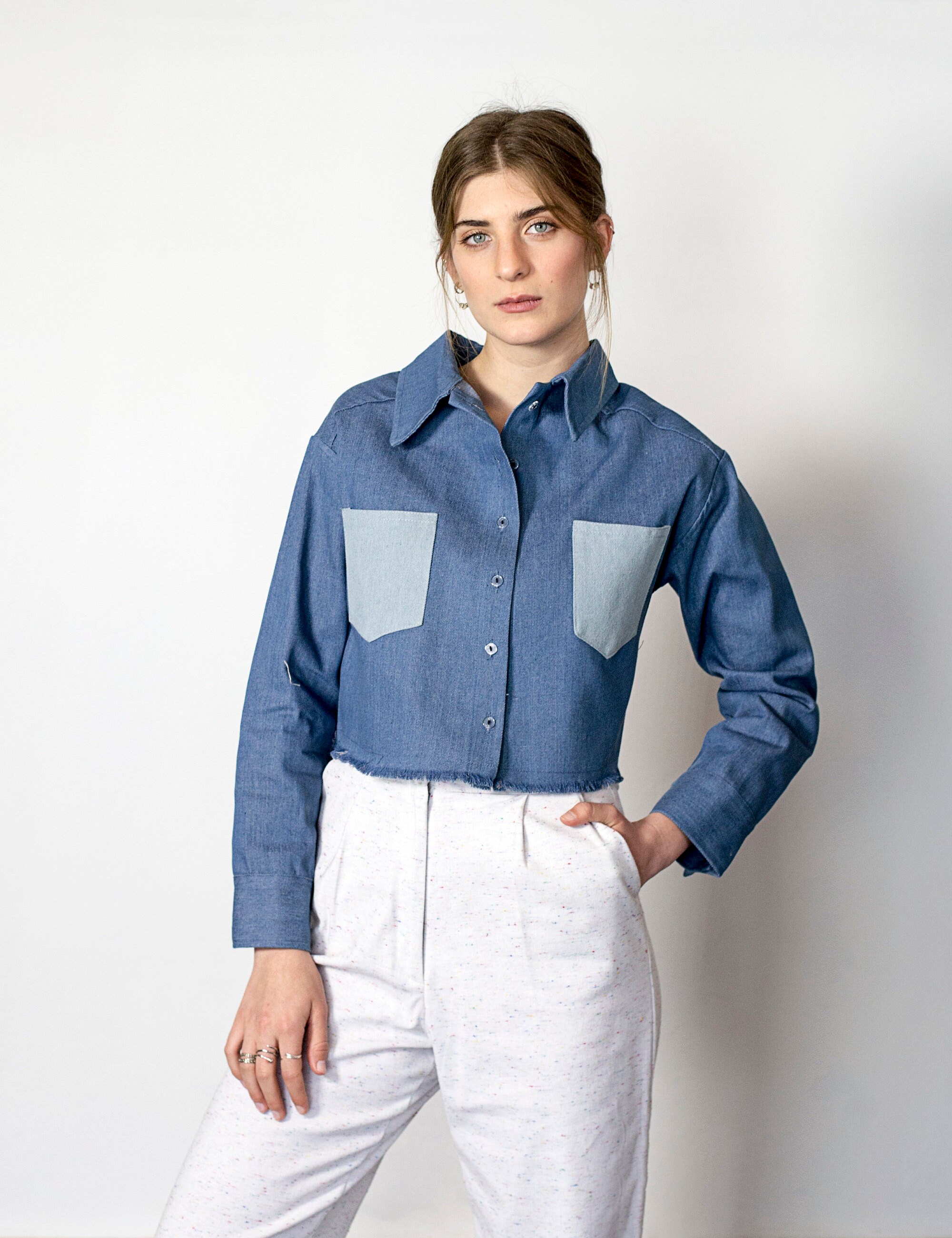Denim Crop Jacket Women Blue Button 