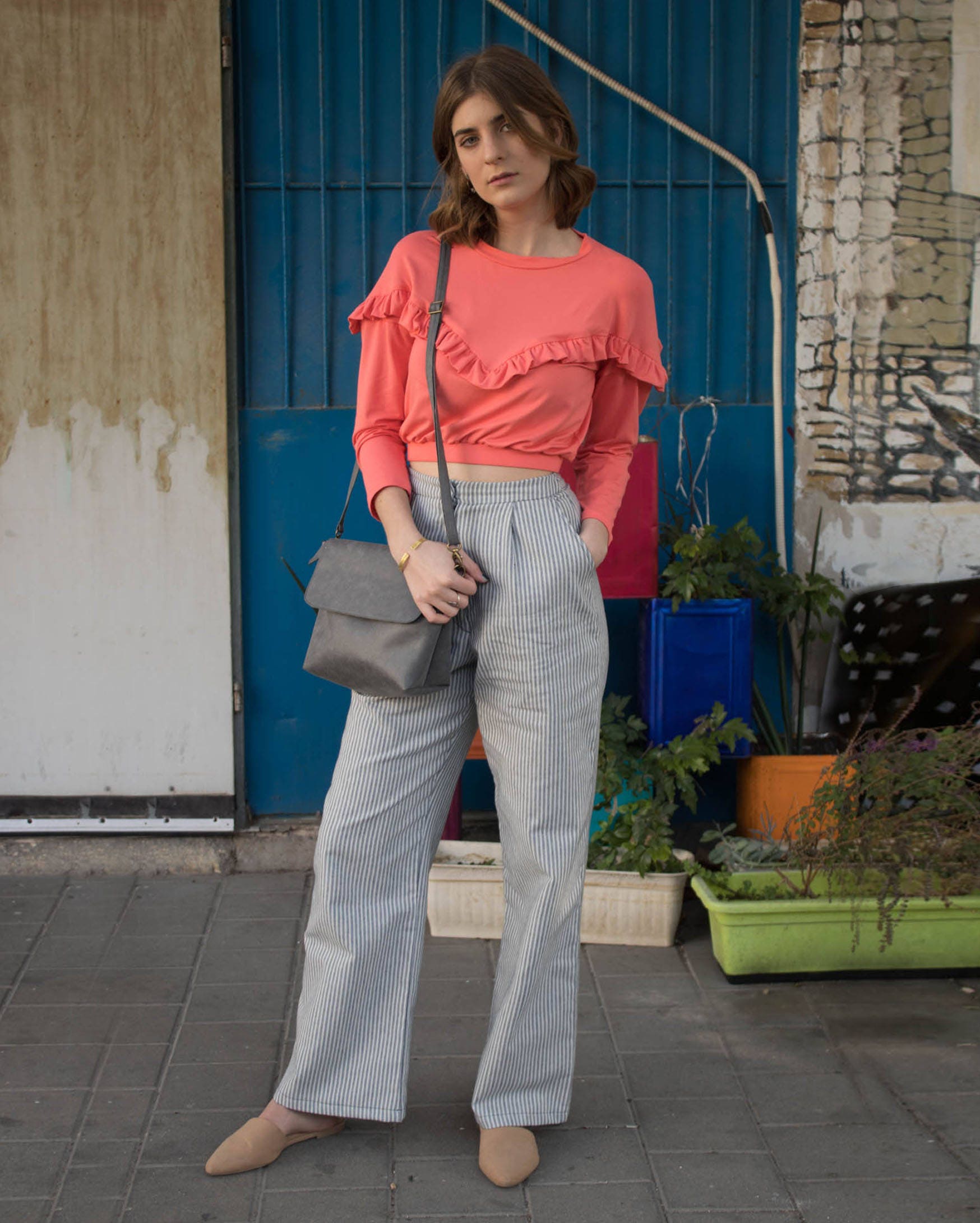 Pink Ruffle Blouse Round Neck Crop Top Elegant Jersey Top - Etsy