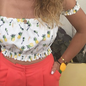 Off Shoulder Crop Top, Pineapple Print Crop Top, Summer White Crop Top, Boho Cotton Crop Top image 7