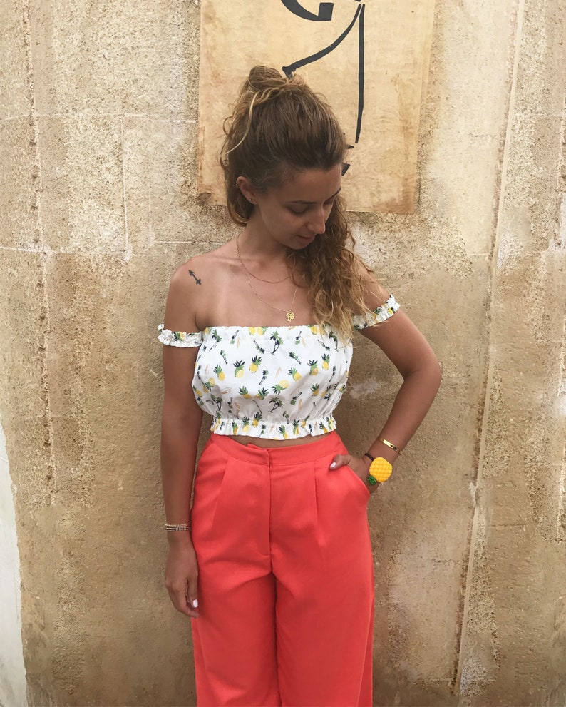 Off Shoulder Crop Top, Pineapple Print Crop Top, Summer White Crop Top, Boho Cotton Crop Top image 4