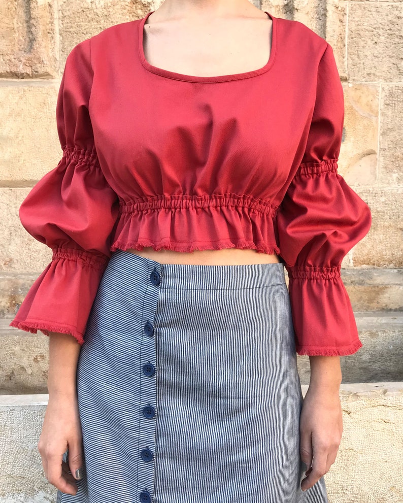 Red Top, Puff Sleeve Top, Cotton Top, Edwardian Top, Peasant Top, Retro Top, Summer Top, Long Sleeve Top, Red Crop Top, Women Crop Top image 3