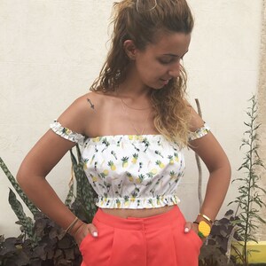 Off Shoulder Crop Top, Pineapple Print Crop Top, Summer White Crop Top, Boho Cotton Crop Top image 5