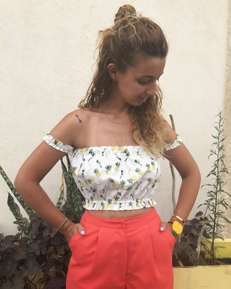 Off Shoulder Crop Top, Pineapple Print Crop Top, Summer White Crop Top, Boho Cotton Crop Top image 5