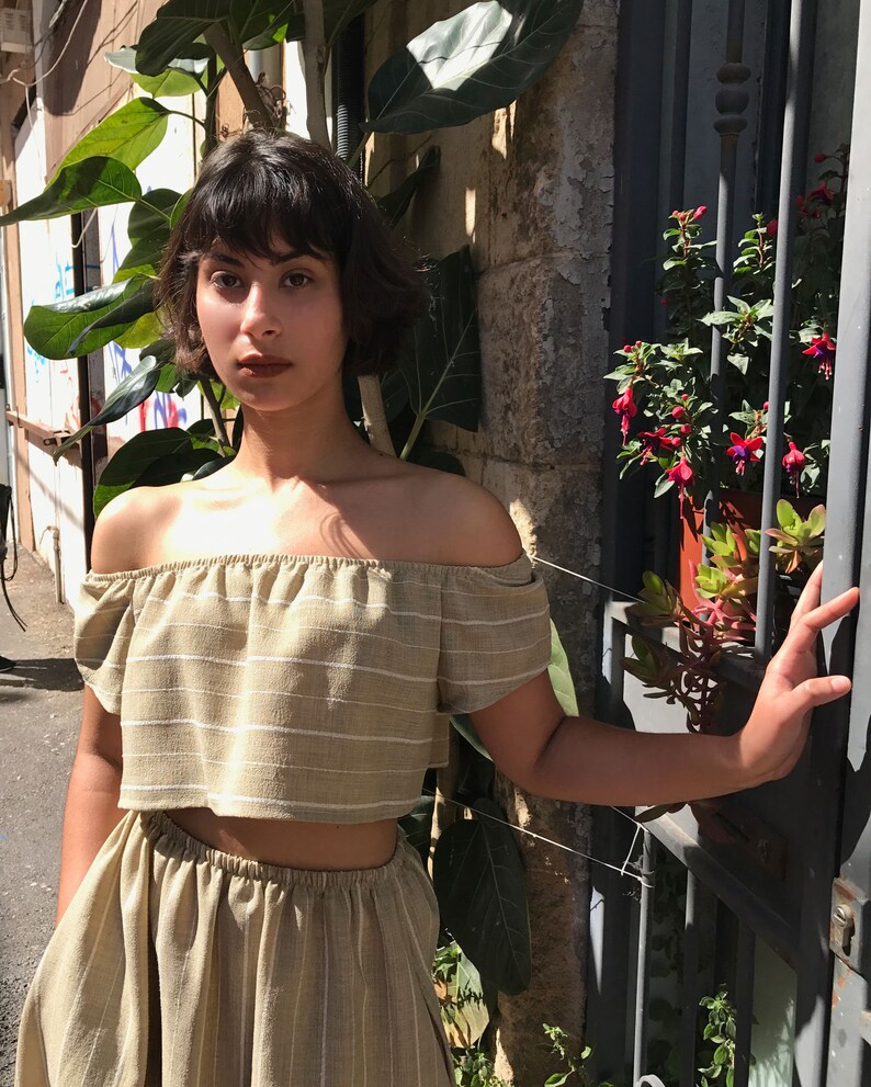 Striped Top, Linen Crop Top, Women Crop Top, Embroidered Top, off