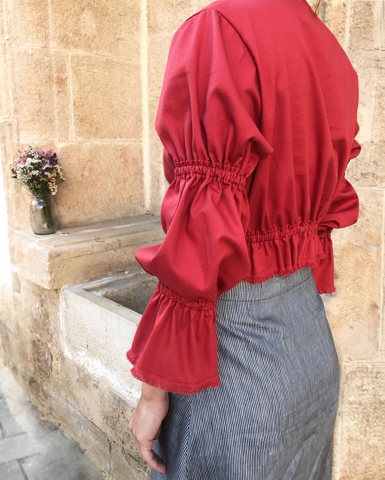 Red Top, Puff Sleeve Top, Cotton Top, Edwardian Top, Peasant Top, Retro Top, Summer Top, Long Sleeve Top, Red Crop Top, Women Crop Top Reddish Valentine’s