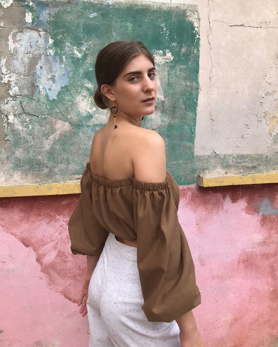 Linen Crop Top Brown Linen Top off 