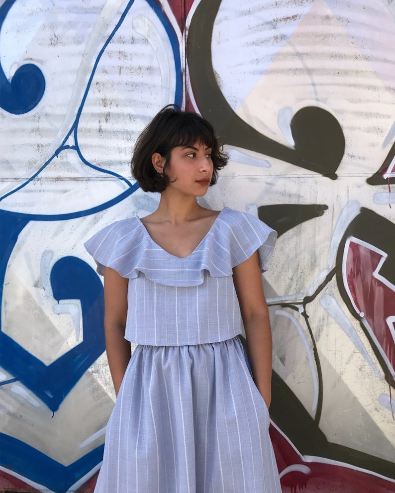 Linen Striped Top, Linen Top, Women Top, Summer Top, Open Back Top, Linen Clothing, Ruffle Top, Light Blue Top, Party Linen Top, Linen Wear Light Blue