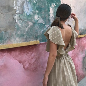 Linen Striped Top, Linen Top, Women Top, Summer Top, Open Back Top, Linen Clothing, Ruffle Top, Light Blue Top, Party Linen Top, Linen Wear Khaki