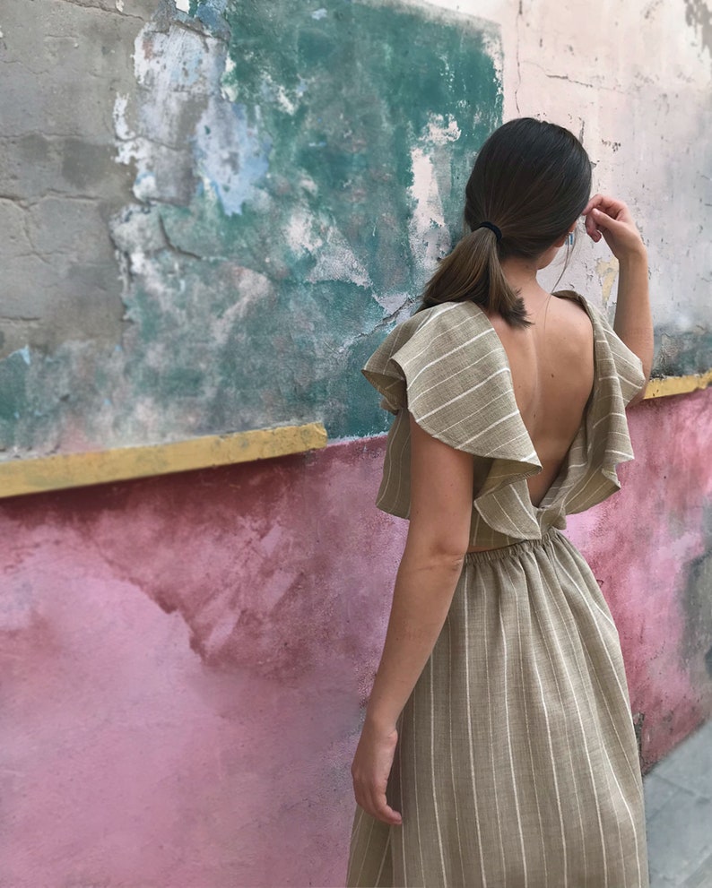 Linen Striped Top, Linen Top, Women Top, Summer Top, Open Back Top, Linen Clothing, Ruffle Top, Light Blue Top, Party Linen Top, Linen Wear Khaki