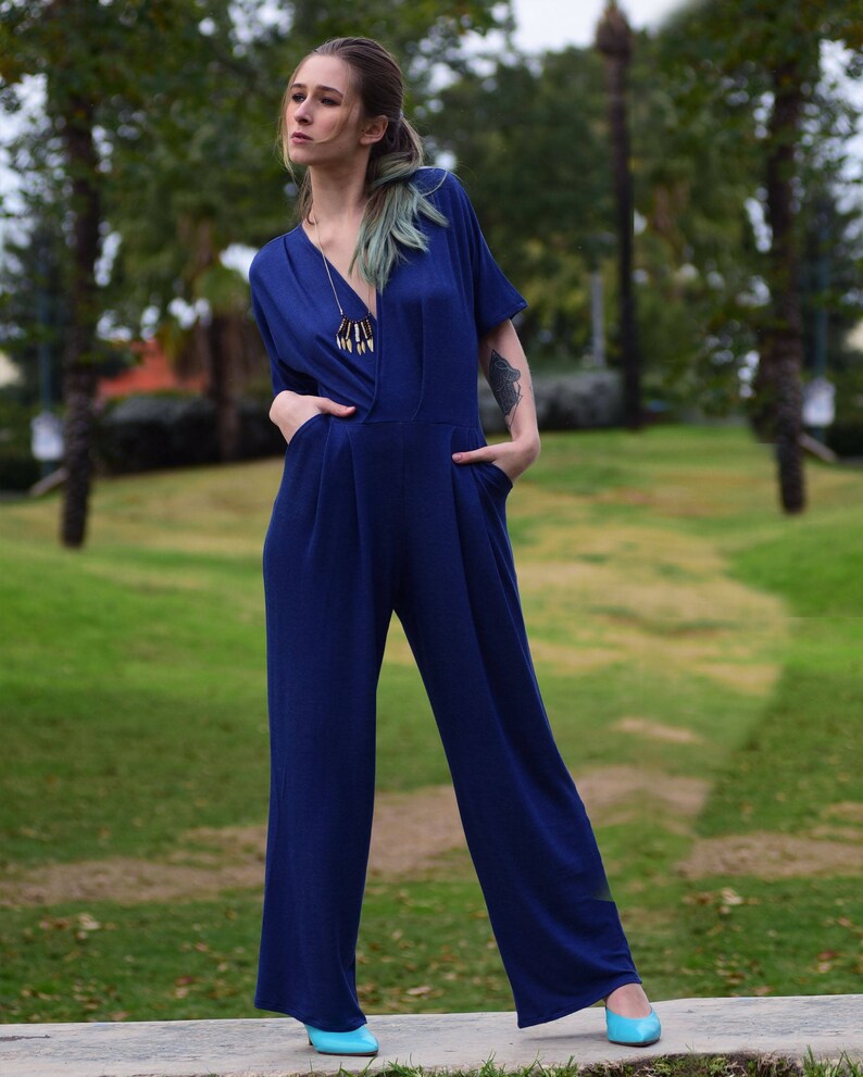 Jumpsuit Women Wrap Jumpsuit Blue Jumpsuit Bridesmaid Etsy