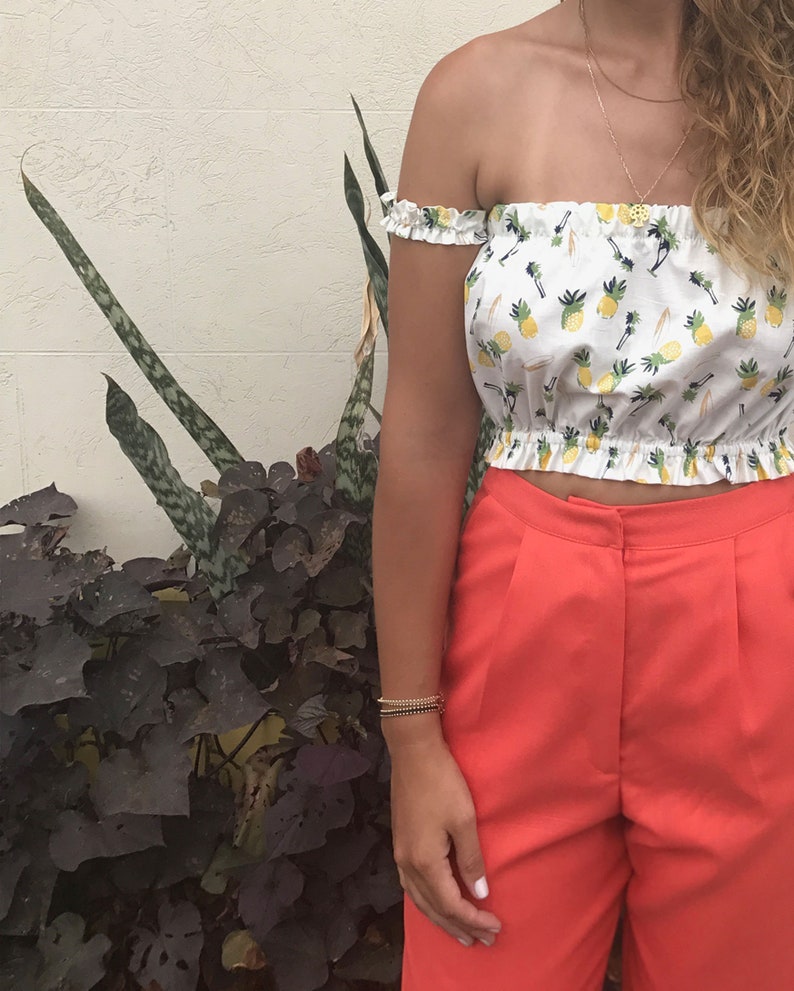 Off Shoulder Crop Top, Pineapple Print Crop Top, Summer White Crop Top, Boho Cotton Crop Top image 6