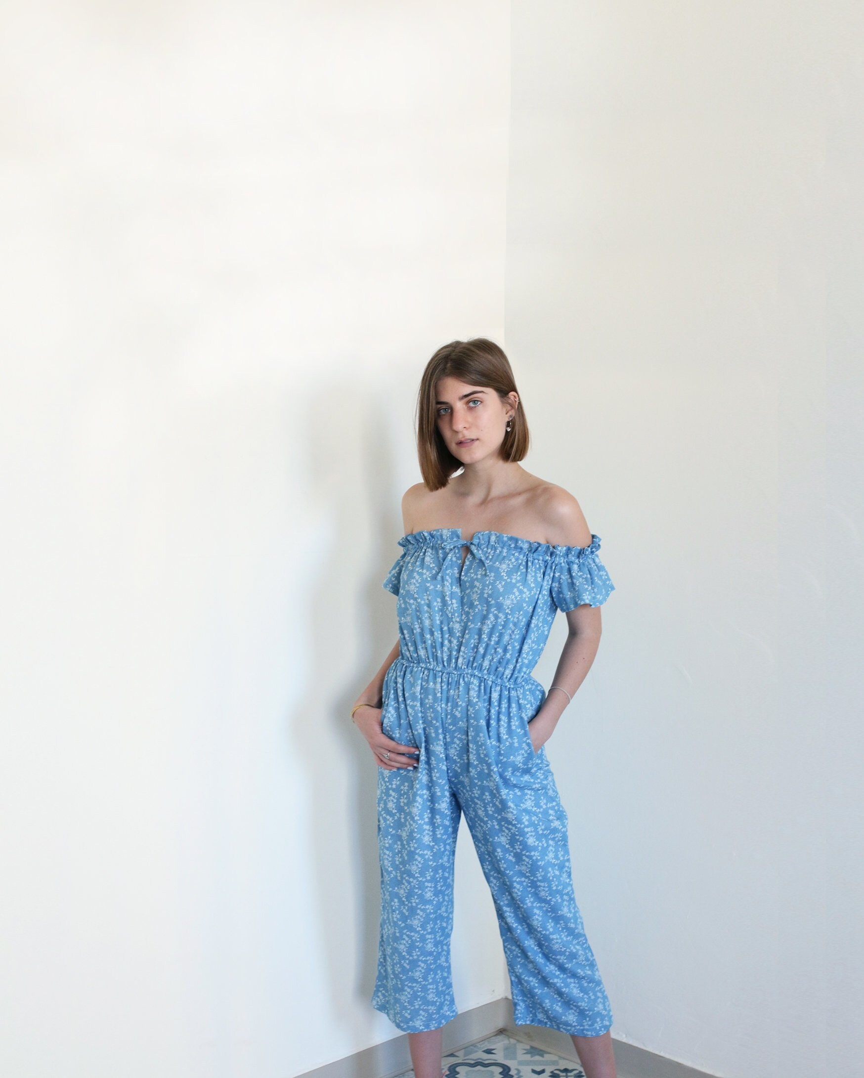 denim jumpsuit off shoulder
