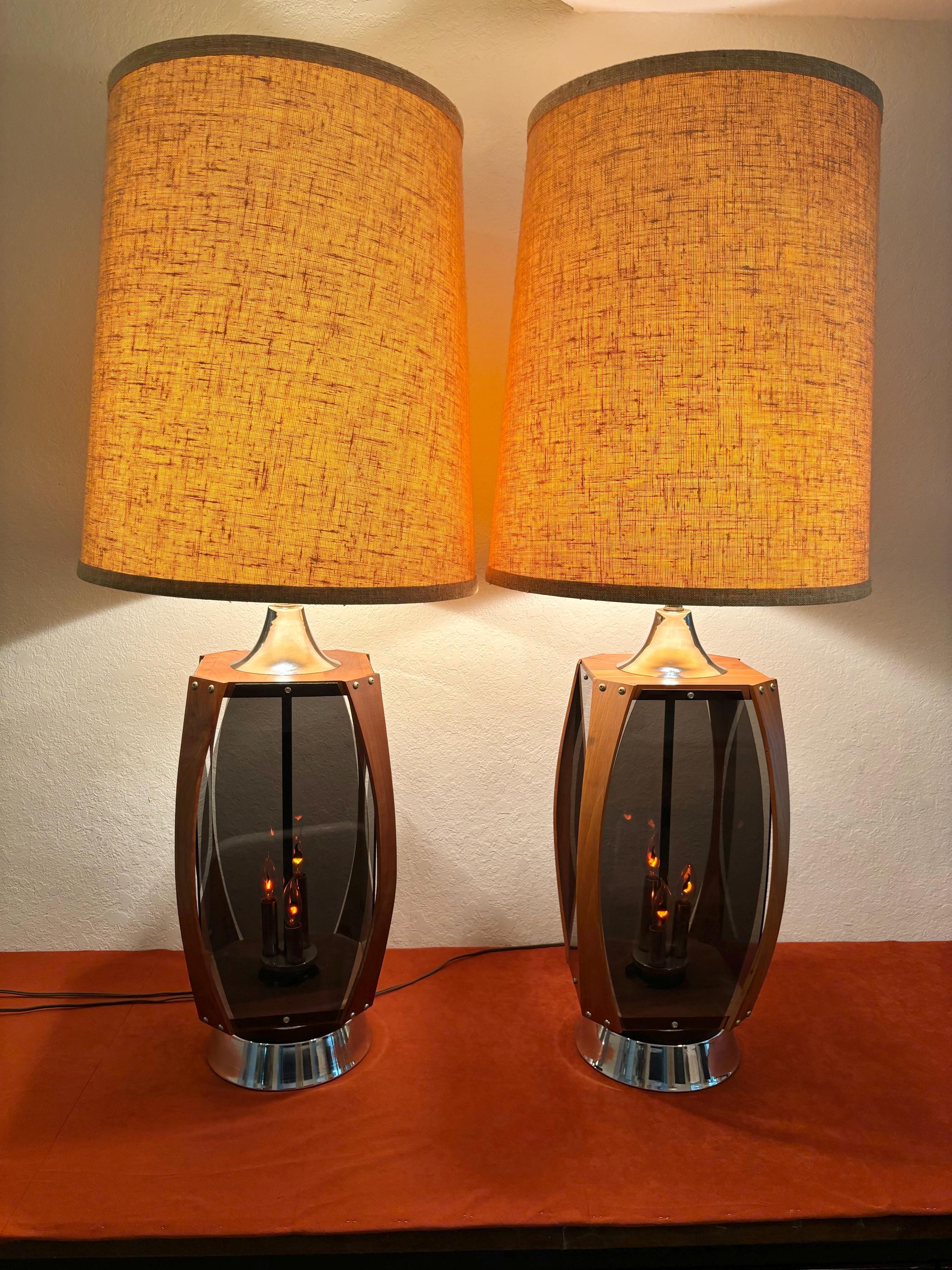 Pair Walnut Smoke Plexieglass Chrome Lamps With Shades 47
