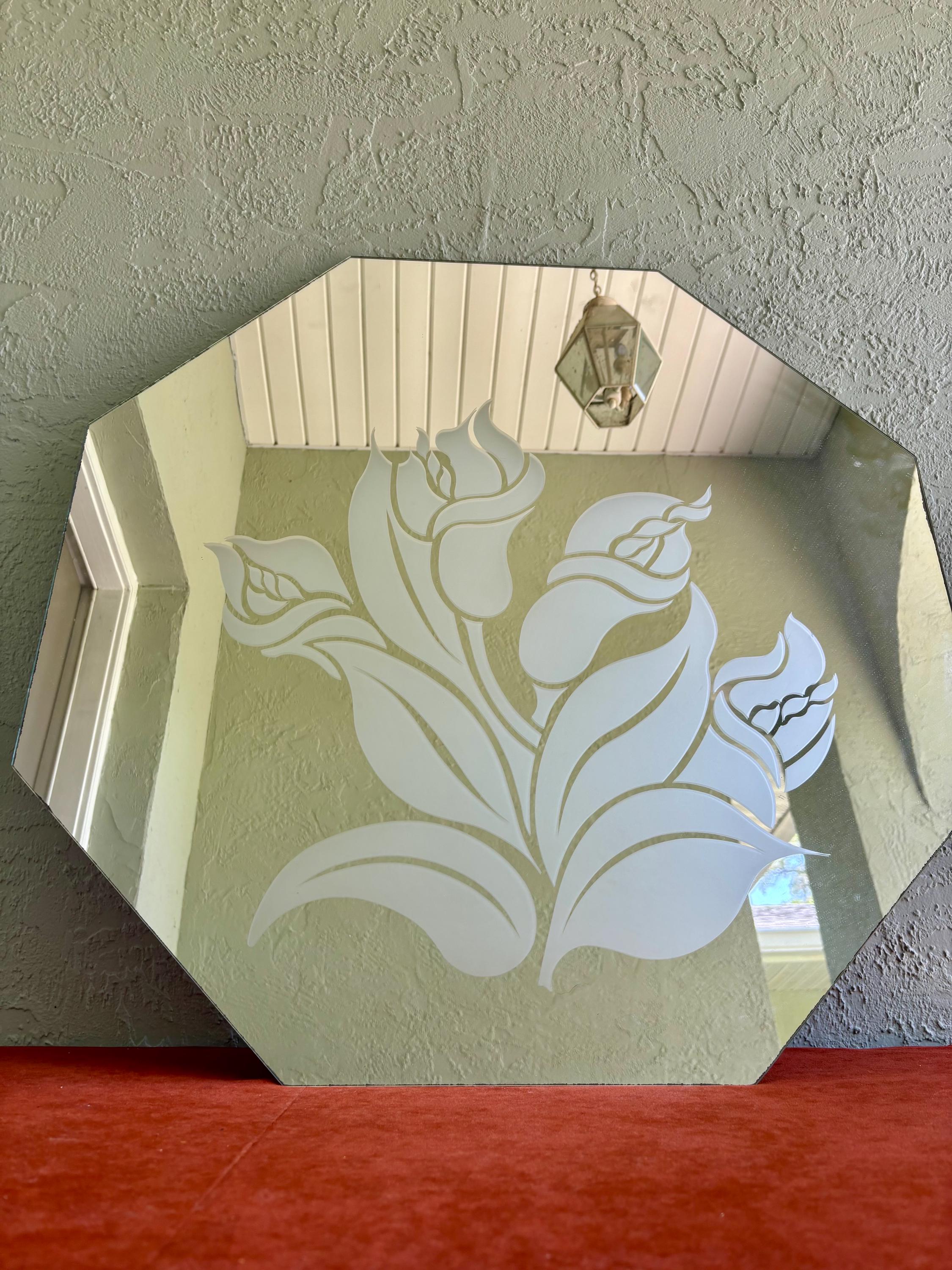 Octagon Frameless Hanging Accent Mirror 30 Inch 1980s Frosted Faux Etched Floral Art Design at Florida Classics