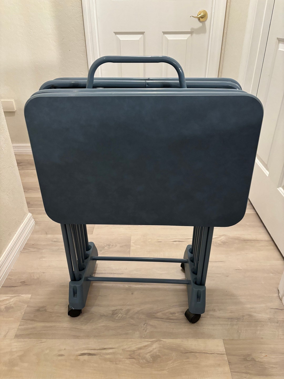 Cosco Blue Vinyl TV Trays Vintage Set of Four Stand With Casters Small