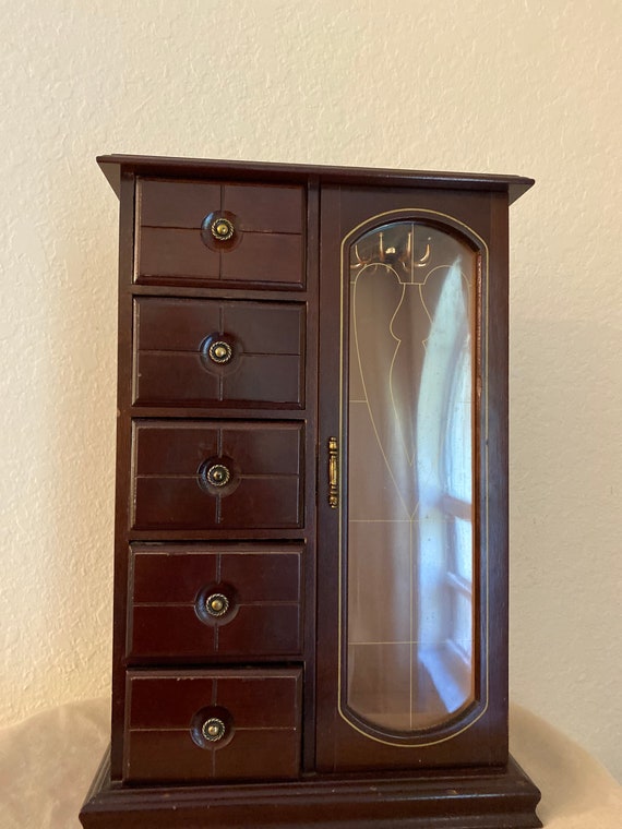 Large Wood Jewelry Box Armoire 17” Tall Peach/Flesh V… Gem