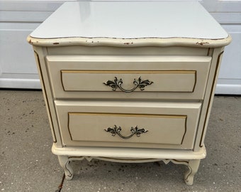 French Provincial Two Drawer Nightstand Mid Century Hollywood Regency Cottage Chic at Florida Classics Chippy Paint See Description