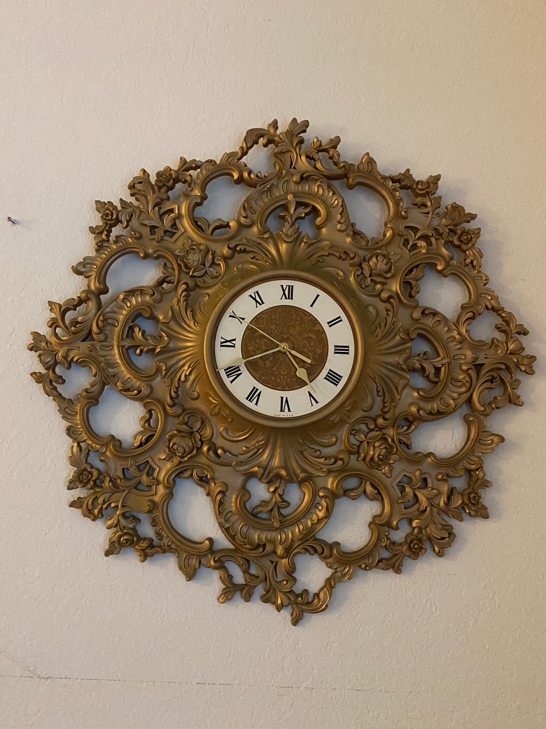 Syroco Wall Clock Gold Ornate 1967 Battery Operated Roman Numerals Read ...