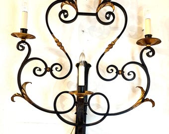 Wrought Iron Sconce Spanish Colonial Style Three Light Palladio Made in Italy Black Gold Gilt Read Description