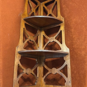 Four Tier Wood Hanging Corner Shelf Cutout Sides 25 1/2” Tall Traditional Knick Knack Display See Description