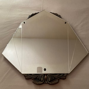 Vintage Frameless Beveled Etched Seven Sided Hanging Accent Mirror 31 x 25.5” with Wood Back and Ornamental Top Bottom