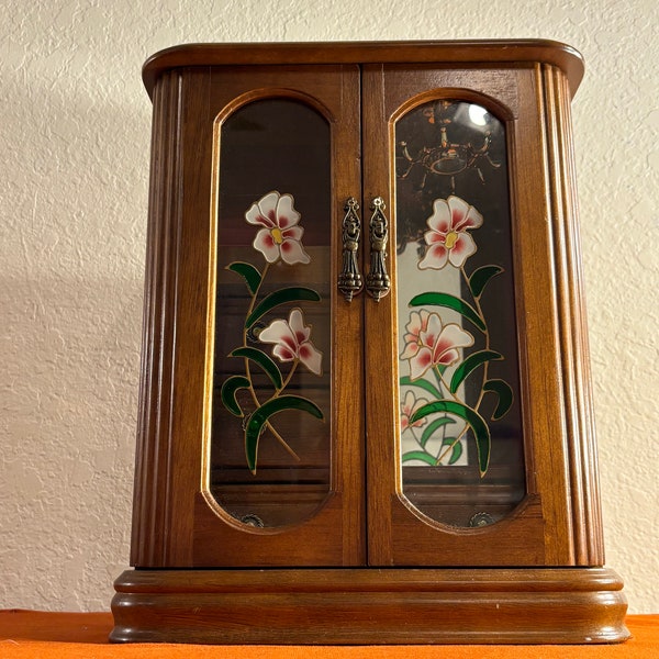 Wood Jewelry Box Armoire 13”Tall Floral Doors Burgundy Velvet Necklace Hanger Ring Slots Drawers Vintage Great Store Display Read Details